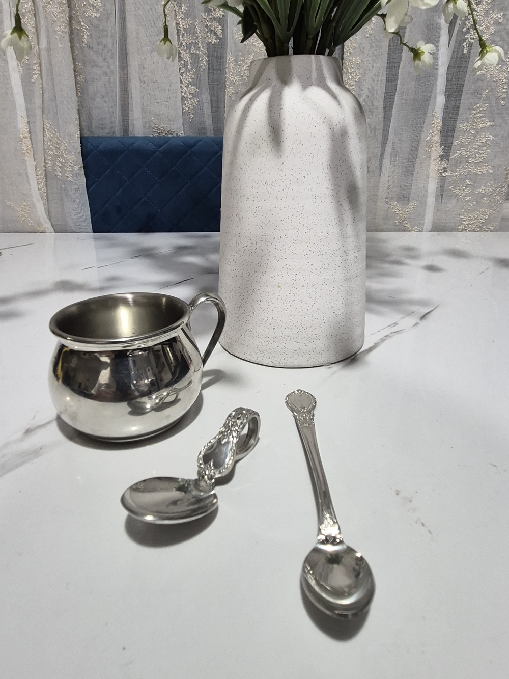 Vintage Web Pewter 1172 Polished Baby Cup and 2 Spoons .